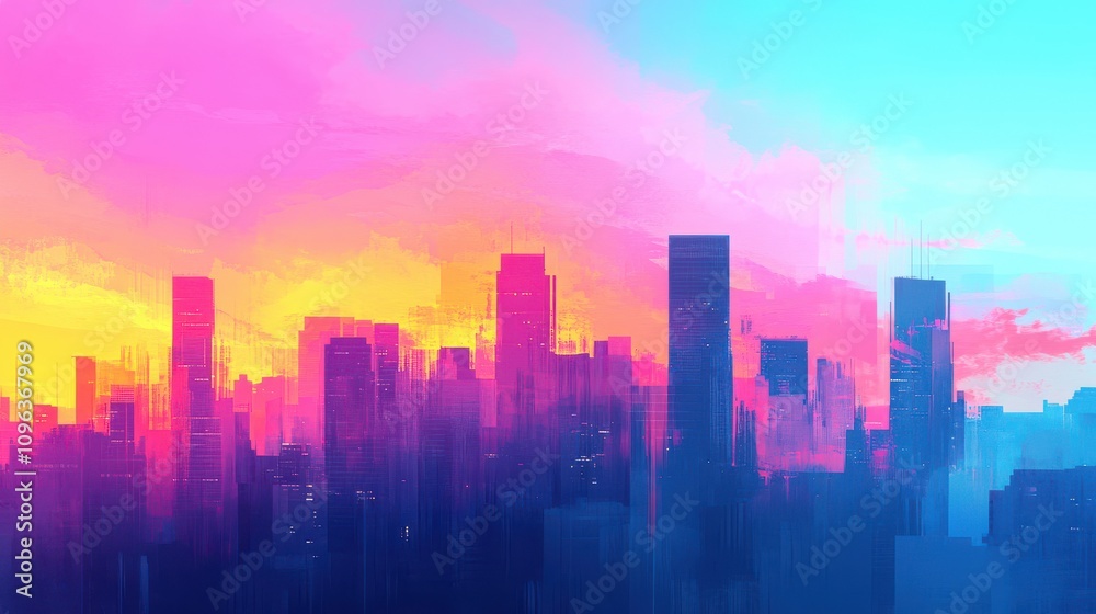 A vibrant city skyline at sunset, featuring a blend of pink, orange, and blue hues, creating a dreamy atmosphere. A vibrant city skyline at sunset, featuring a blend of pink, orange, and blue hues, creating a dreamy atmosphere.