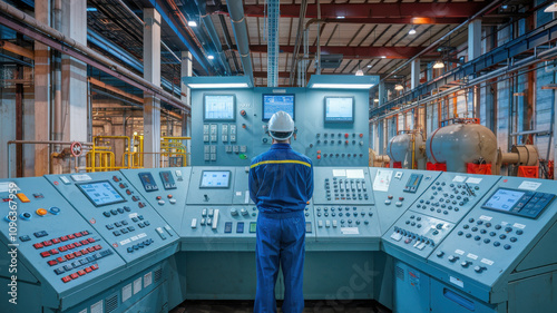 worker monitoring control panel in industrial setting, focused on operations. environment is filled with machinery and equipment, showcasing high tech workspace