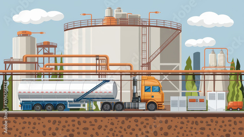 seamless logistics operation at processing plant featuring truck transporting materials. scene includes industrial tanks, pipes, and equipment, showcasing efficient transportation