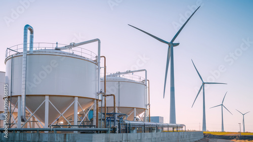 Renewable energy facility featuring biofuel processing tanks and wind turbines. This showcases sustainable energy production and modern technology in industrial setting