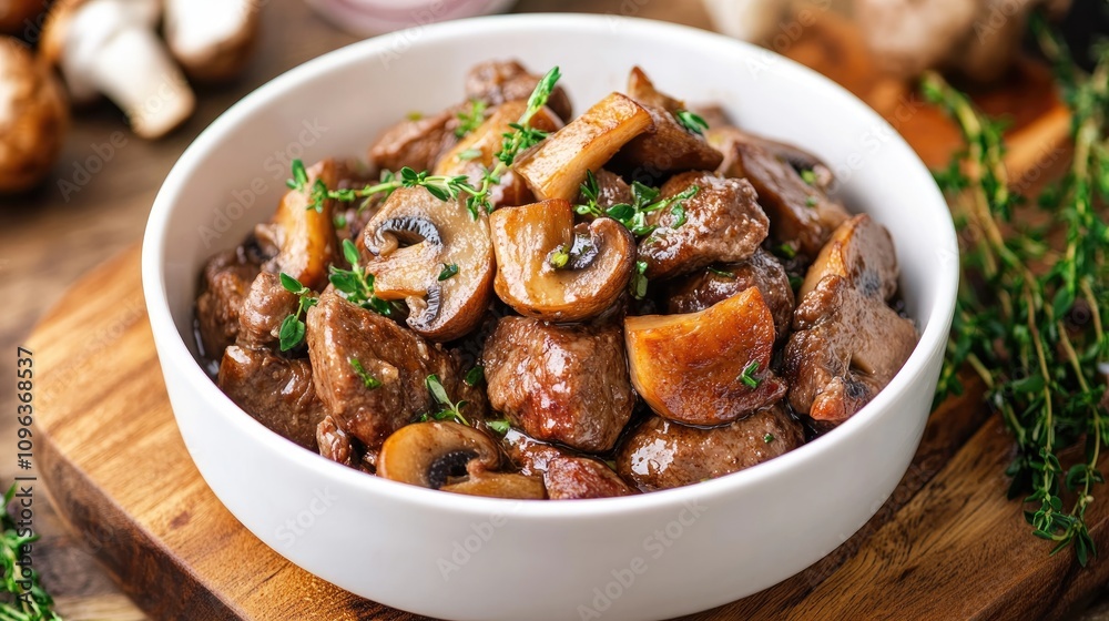 Savory meat dish with tender mushrooms and fresh herbs, beautifully arranged in a white bowl, perfect for inspiring gourmet culinary creations. Savory meat dish with tender mushrooms and fresh herbs, beautifully arranged in a white bowl, perfect for inspiring gourmet culinary creations.