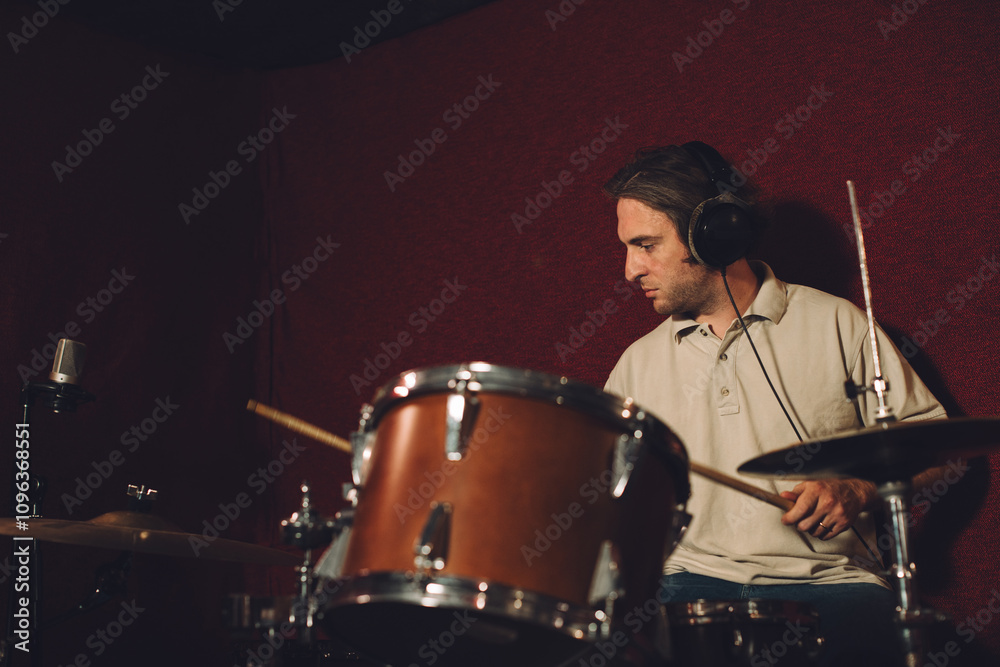 Fototapeta premium Drummer playing dynamic rhythms during a recording session