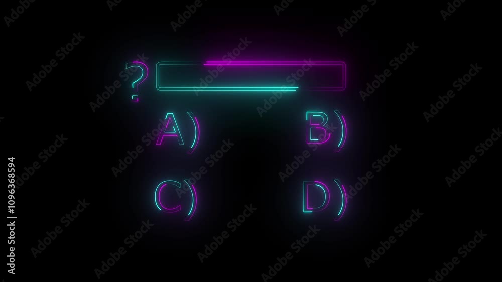 Quiz Animation neon template, Question neon Line Animation with on black background option selection. question and test menu choice question and answers with option. 4k motion graphics video Quiz Animation neon template, Question neon Line Animation with on black background option selection. question and test menu choice question and answers with option. 4k motion graphics video