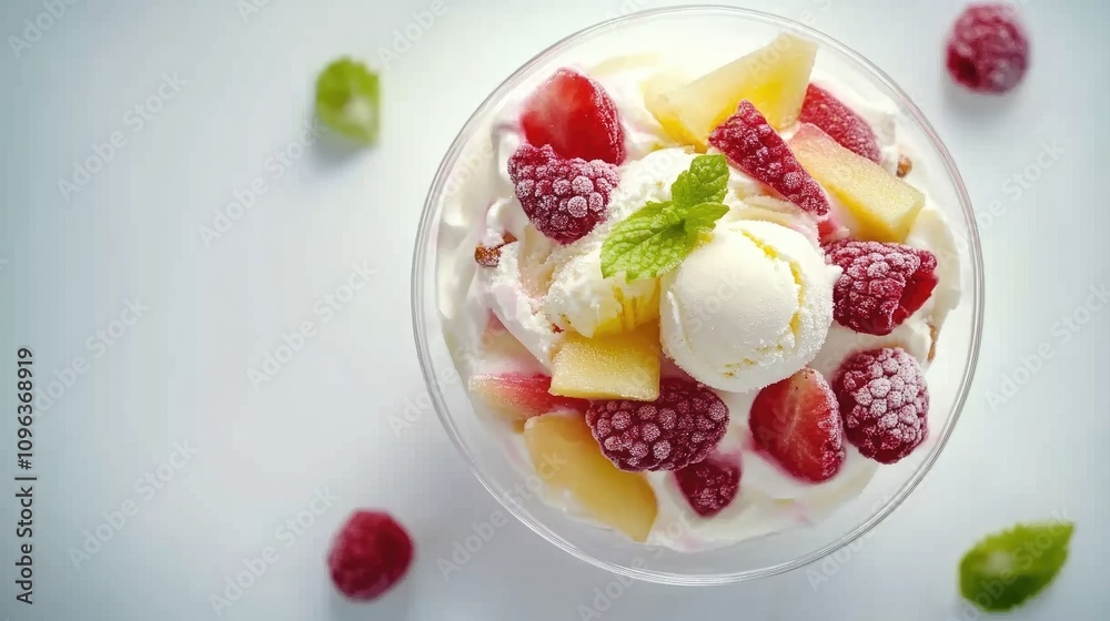 Yogurt ice cream topped with vibrant fresh fruit including strawberries, raspberries, and mango, served in a clear bowl with mint garnish. Yogurt ice cream topped with vibrant fresh fruit including strawberries, raspberries, and mango, served in a clear bowl with mint garnish.