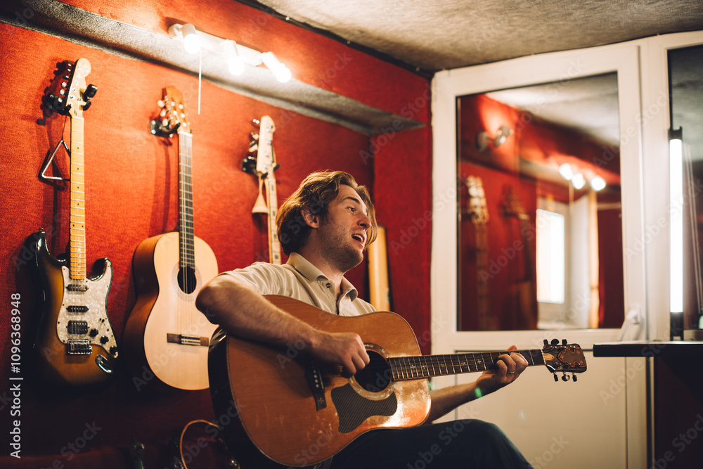 Obraz premium Guitarist performing on an acoustic guitar in a recording room