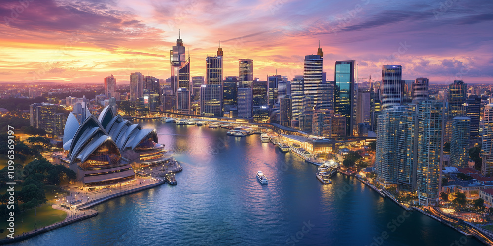 Obraz premium Modern City Skyline with Office Buildings and Drone View at Sunset