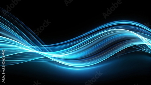 Abstract light lines wavy flowing dynamic in blue green colors isolated on black background for concept of AI technology, digital, communication, science, music. wavy abstract light lines flowing in b