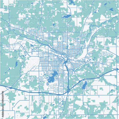 Map of Battle Creek in Michigan in a professional blue style. Contains layered vector with roads water, parks, etc.