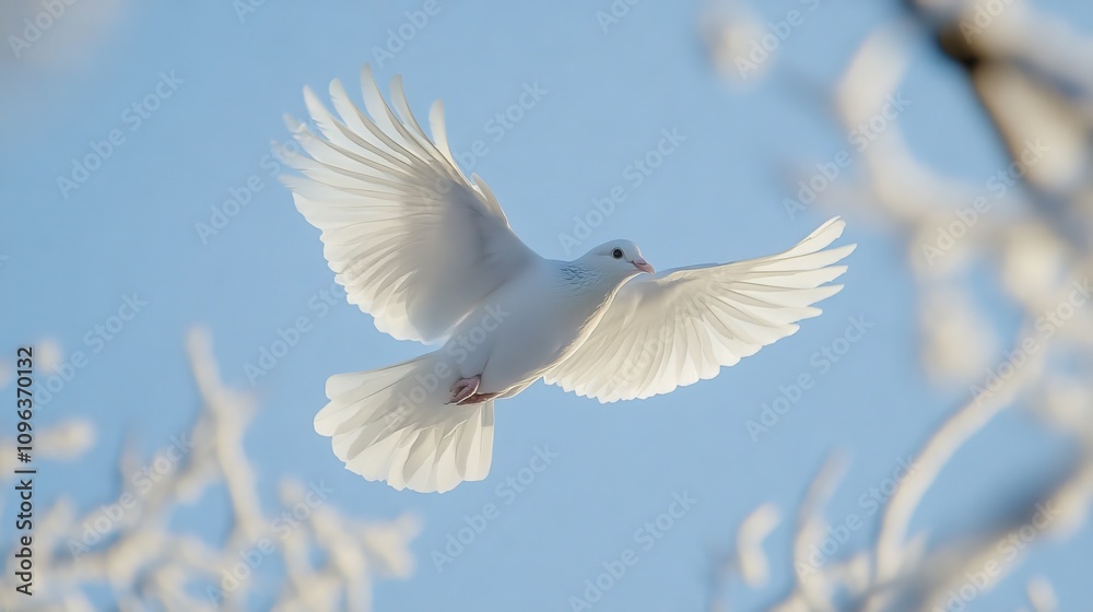 Fototapeta premium A white dove flying with wings wide open, set against a clear blue sky.
