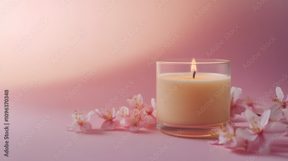 Elegant scented candle surrounded by delicate blossoms on a soft pink background with ample space for text and branding. Elegant scented candle surrounded by delicate blossoms on a soft pink background with ample space for text and branding.