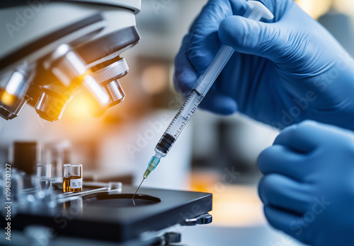 A close-up of hands in blue gloves holding an empty syringe and vial, with medical equipment visible in the background. The focus is sharp on both palms and the metal tip of the needle. 