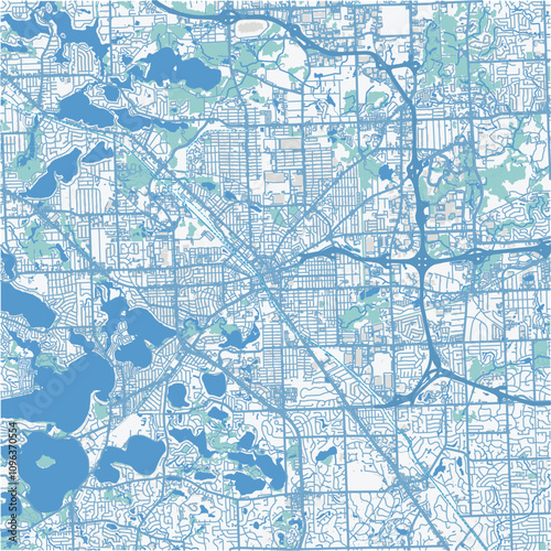 Map of Pontiac in Michigan in a professional blue style. Contains layered vector with roads water, parks, etc.