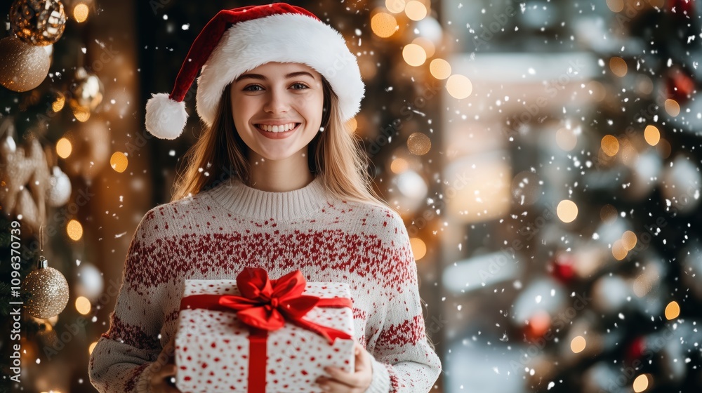 Woman in festive attire with glittering snowflakes Woman in festive attire with glittering snowflakes