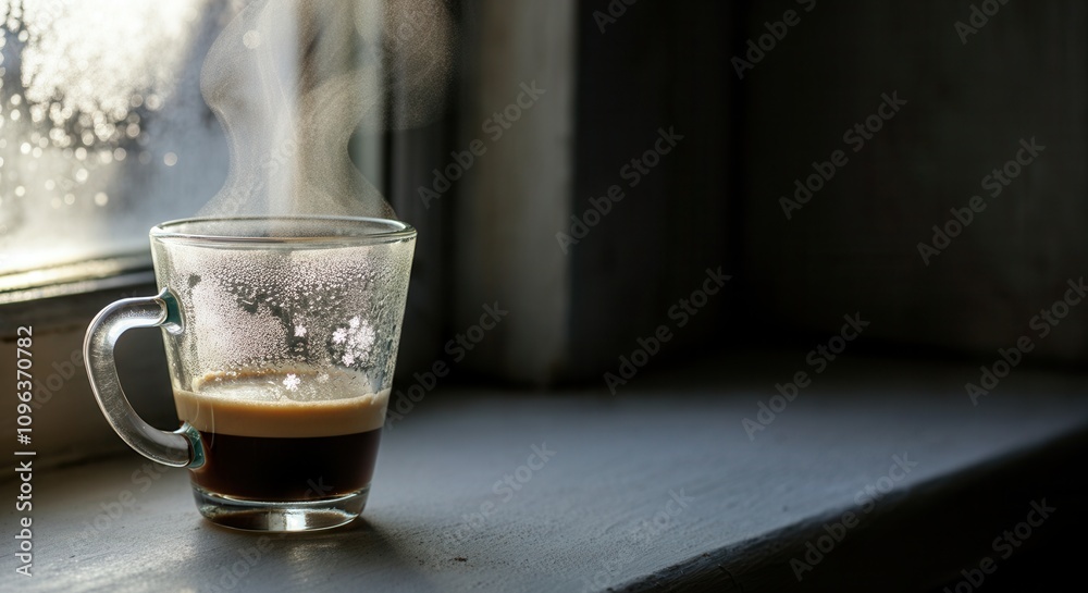 Steaming coffee cup on windowsill sunrise Steaming coffee cup on windowsill sunrise