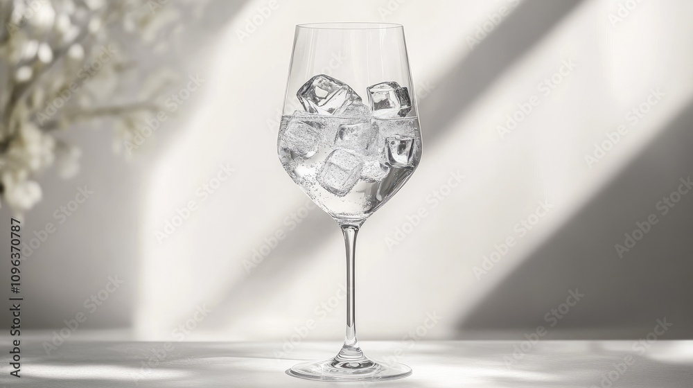An elegant glass filled with water and floating ice cubes, with a crystal-clear design against a bright white background. An elegant glass filled with water and floating ice cubes, with a crystal-clear design against a bright white background.