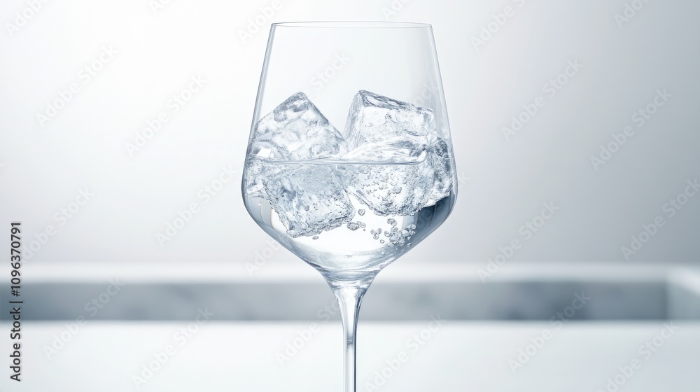 An elegant glass filled with water and floating ice cubes, with a crystal-clear design against a bright white background. An elegant glass filled with water and floating ice cubes, with a crystal-clear design against a bright white background.