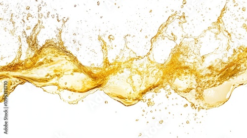 An artistic splash of golden yellow liquid frozen in motion, isolated on a bright white background.