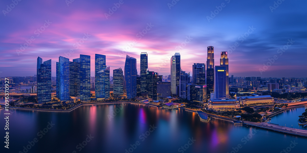 Obraz premium Modern City Skyline with Office Buildings and Drone View at Sunset
