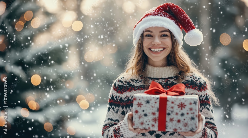 Woman in Christmas sweater with red bow package Woman in Christmas sweater with red bow package