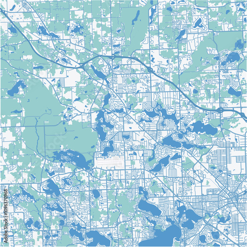 Map of Waterford in Michigan in a professional blue style. Contains layered vector with roads water, parks, etc.