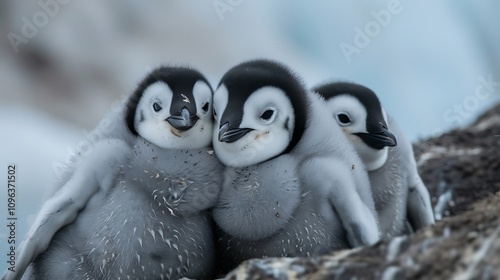 Huddled together were three adorable Emperor Penguin chicks photo