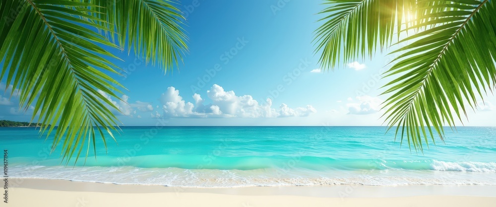 Tropical palm leaves framing a turquoise ocean view with ample copy space for beach party invitations or summer vacation advertisements. Tropical palm leaves framing a turquoise ocean view with ample copy space for beach party invitations or summer vacation advertisements.