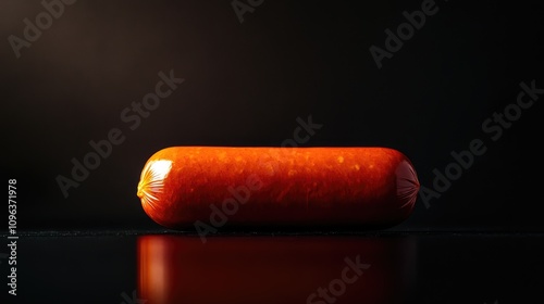 Close-up of a vibrant orange sausage in synthetic casing on a reflective surface contrasting against a dark background, highlighting its texture and color.