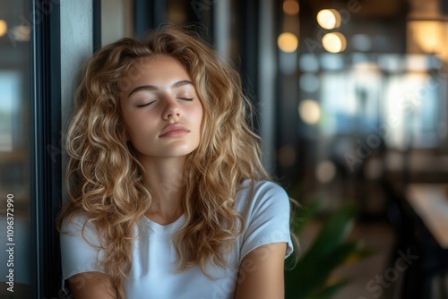 Young Woman Relaxing Against Glass Wall