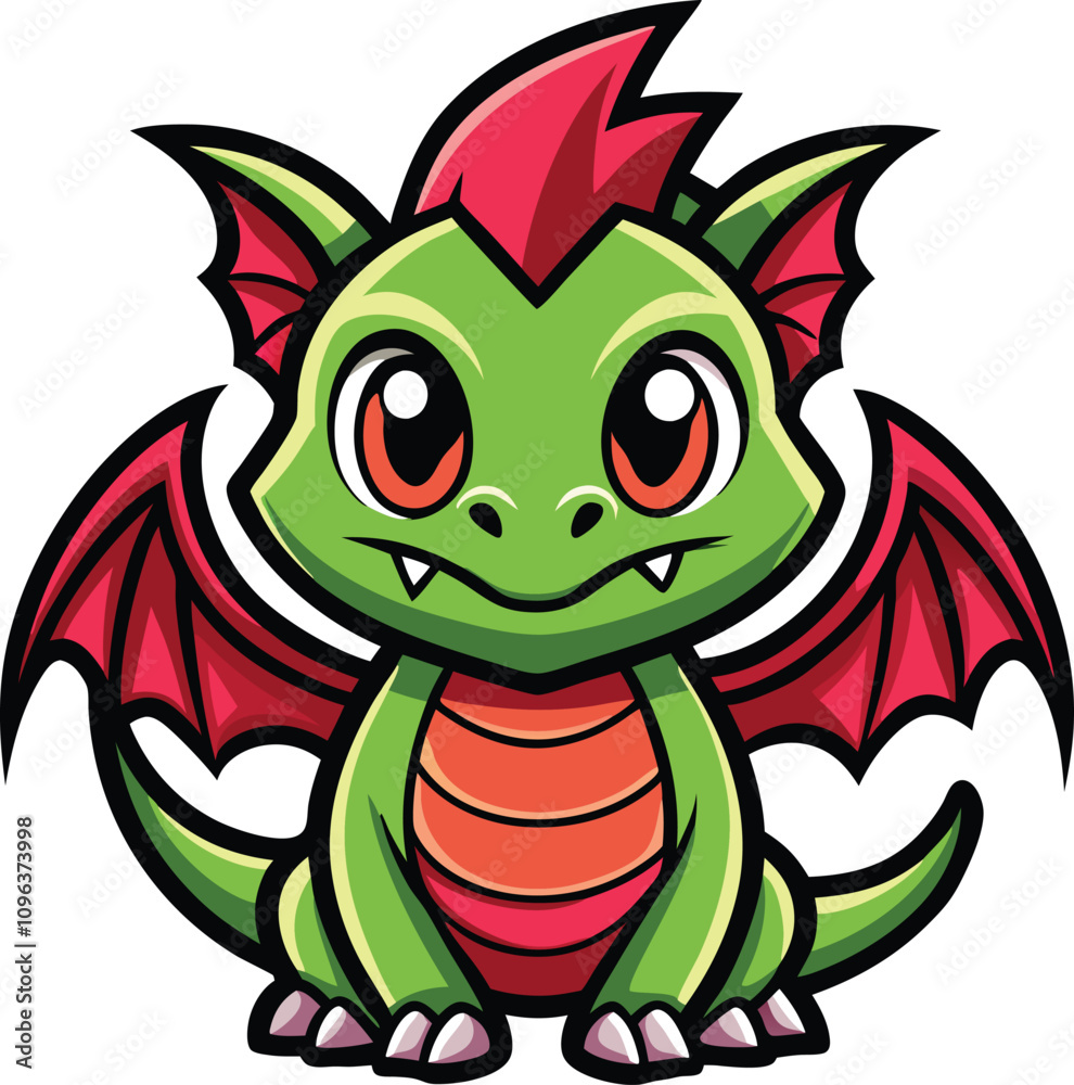 Fototapeta premium Adorable Green Dragon with Red Wings