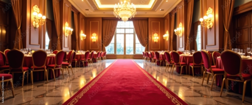Obraz premium Elegant red carpet leading into a grand ballroom with ample copy space for gala event promotions or luxury party invitations.