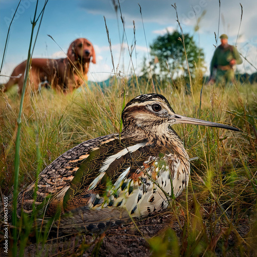 bécasse, bécassine, gibier, chasse, chiens, chien d'arrêt,  camouflage, oiseau, animal, nature, faune, bec, sauvage, gazon, brun, caille, empennage, jeune, isolé, petit, blanc, ferme, empennage, vert, photo