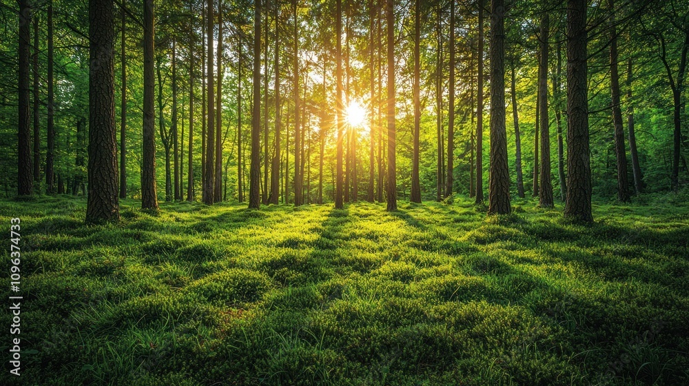 Fototapeta premium Serene Lush Green Forest With Sunlight Filtering Through Trees Creating a Tranquil Atmosphere
