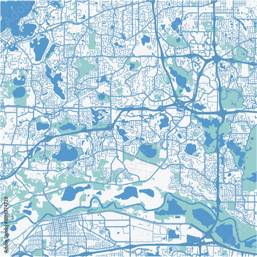 Map of Eden Prairie in Minnesota in a professional blue style. Contains layered vector with roads water, parks, etc.