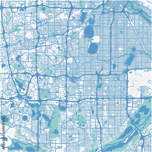 Map of Edina in Minnesota in a professional blue style. Contains layered vector with roads water, parks, etc.