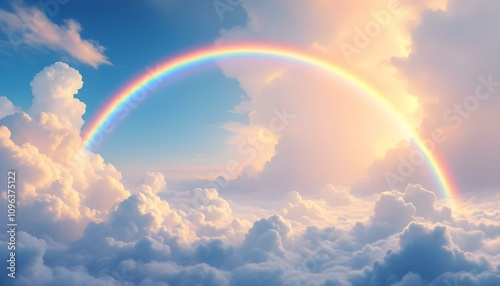 Stunning blue sky panoramic rainbow big fluffy clouds with a giant arcing rainbow against a beautiful summer time blue sky with copy space for messages. rainbow over fields under a blue sky with white
