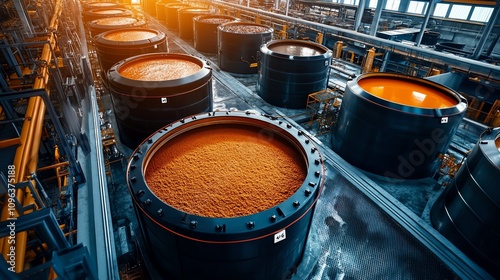 Aerial view of large industrial tanks filled with vibrant orange liquid in a modern manufacturing facility. photo