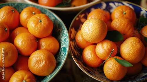 Closeup of vibrant fresh citrus fruits featuring an array of oranges and tangerines in decorative bowls, showcasing rich colors and inviting textures. photo