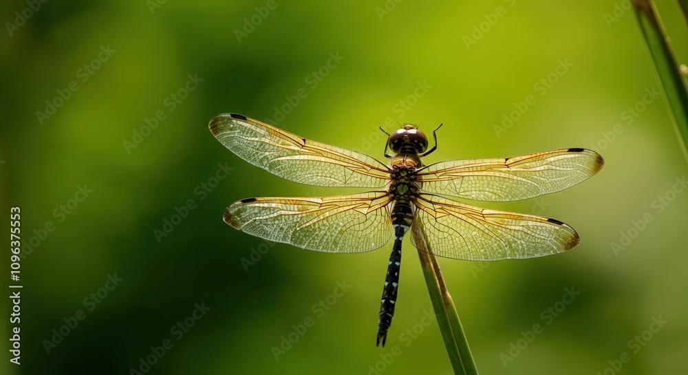 Close-up capture of dragonfly perched on green leaf Close-up capture of dragonfly perched on green leaf