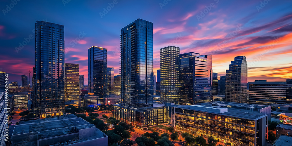 Obraz premium Modern City Skyline with Office Buildings and Drone View at Sunset