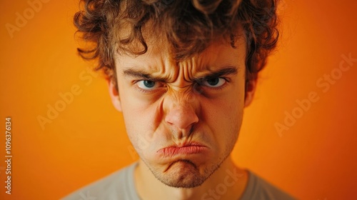 Annoyed individual with furrowed brows and pursed lips, showcasing frustration against a bright orange background.