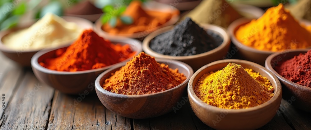 Colorful spices in small bowls arranged on a wooden surface, leaving ample copy space for cooking class promotions or culinary festival announcements. Colorful spices in small bowls arranged on a wooden surface, leaving ample copy space for cooking class promotions or culinary festival announcements.