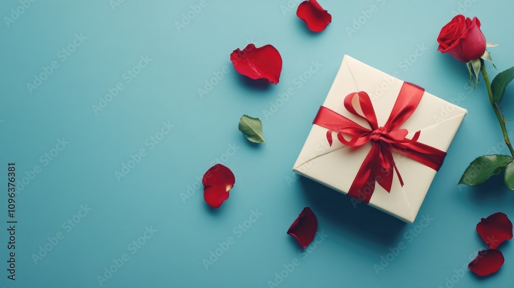Elegant gift box adorned with a red ribbon, surrounded by vibrant rose flowers and petals on a calming blue background, perfect for special occasions. Elegant gift box adorned with a red ribbon, surrounded by vibrant rose flowers and petals on a calming blue background, perfect for special occasions.