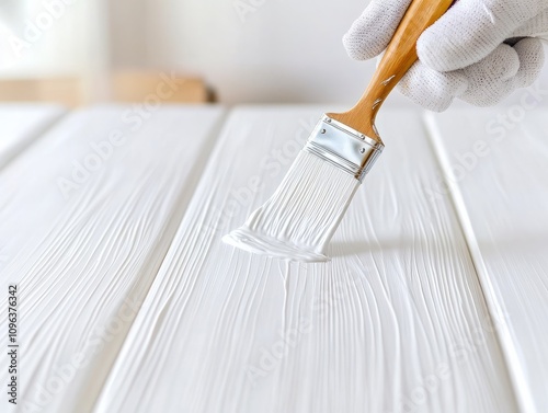 Close-up of a paintbrush applying paint on wood, highlighting painting and renovation work. photo