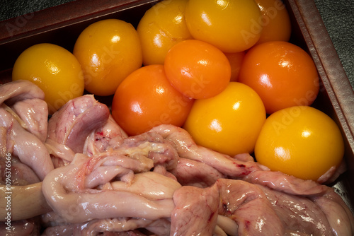 Fresh unlaid chicken eggs with chicken intestines and organs photo