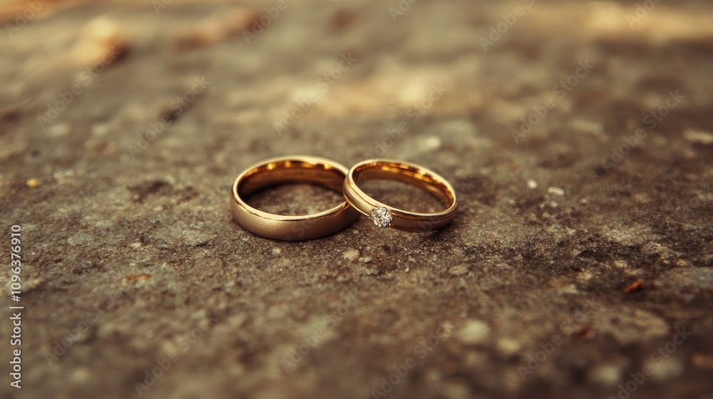 Golden wedding rings elegantly placed on a textured stone surface, showcasing intricate details and a sparkling diamond accent. Golden wedding rings elegantly placed on a textured stone surface, showcasing intricate details and a sparkling diamond accent.