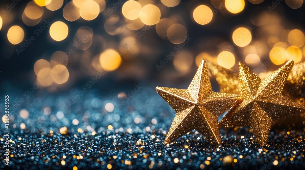 Sparkling gold stars on a dark glittery background with a bokeh effect, creating a festive ambiance ideal for celebrations and special events. Sparkling gold stars on a dark glittery background with a bokeh effect, creating a festive ambiance ideal for celebrations and special events.