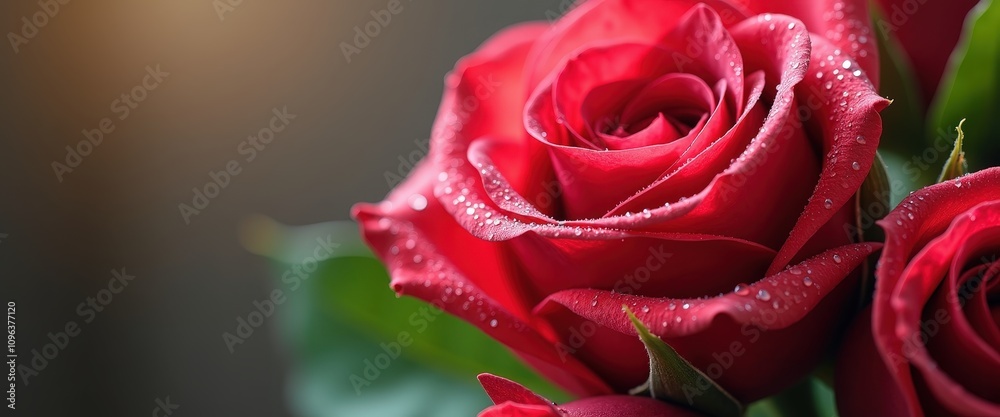 Close-up of a rose bouquet with morning dew, leaving ample copy space for Valentine’s Day promotions or romantic event invitations.