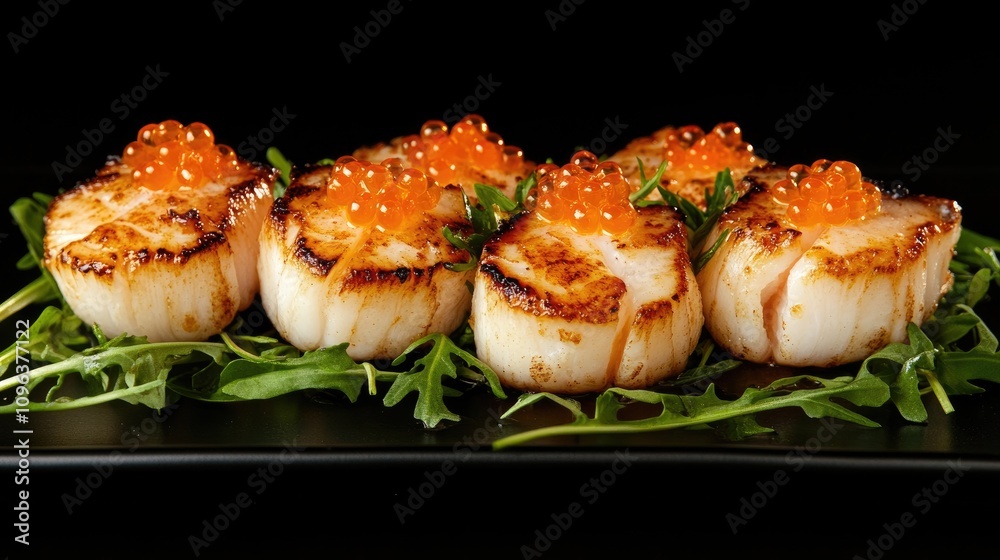 Gourmet sea scallops beautifully roasted and garnished with vibrant orange caviar and fresh greens on a stylish black plate. Gourmet sea scallops beautifully roasted and garnished with vibrant orange caviar and fresh greens on a stylish black plate.