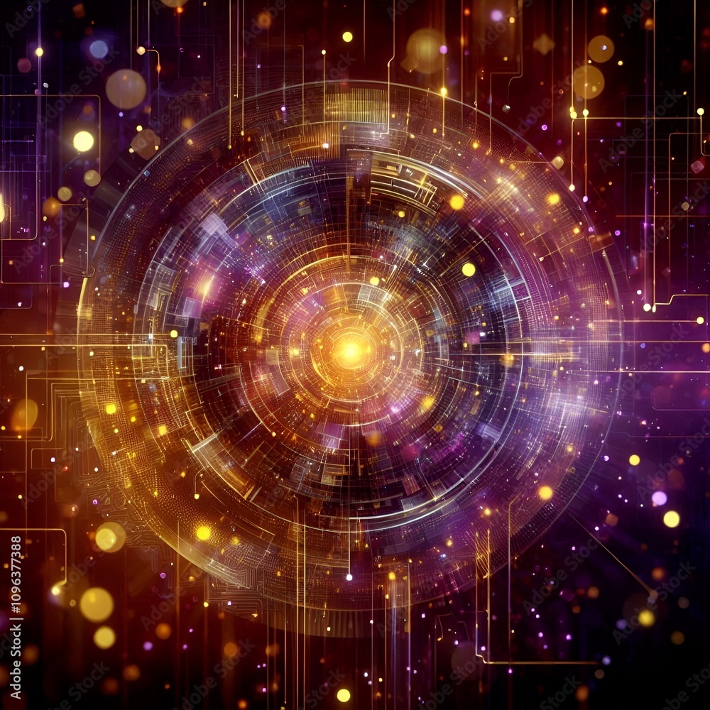 Fototapeta premium Cosmic abstract background with swirling and glowing multicolored particles