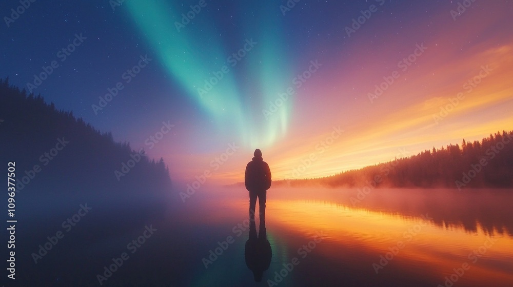 Mesmerizing Northern Lights Dancing Above a Secluded Lake at Sunset with Reflections and a Silhouette of a Person Capturing the Beauty of Nature Mesmerizing Northern Lights Dancing Above a Secluded Lake at Sunset with Reflections and a Silhouette of a Person Capturing the Beauty of Nature